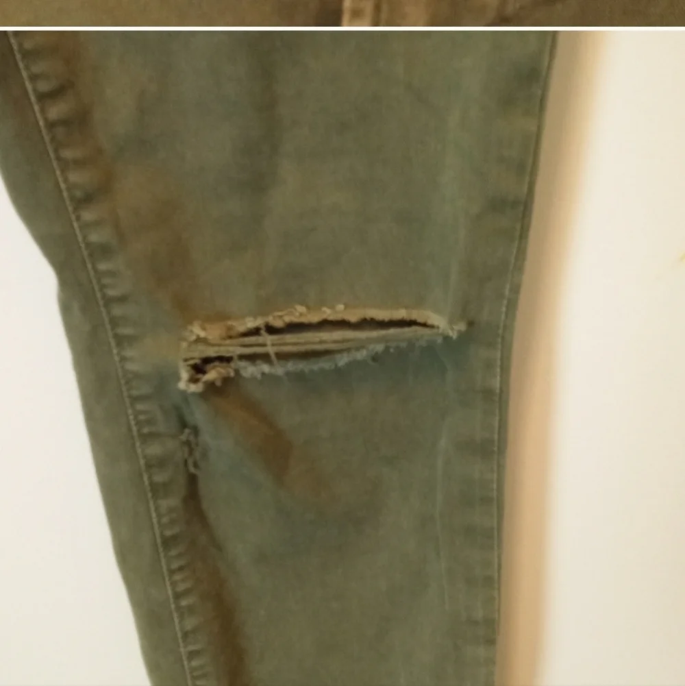 J brand olive green Jungle jeans distressed knees raw edge